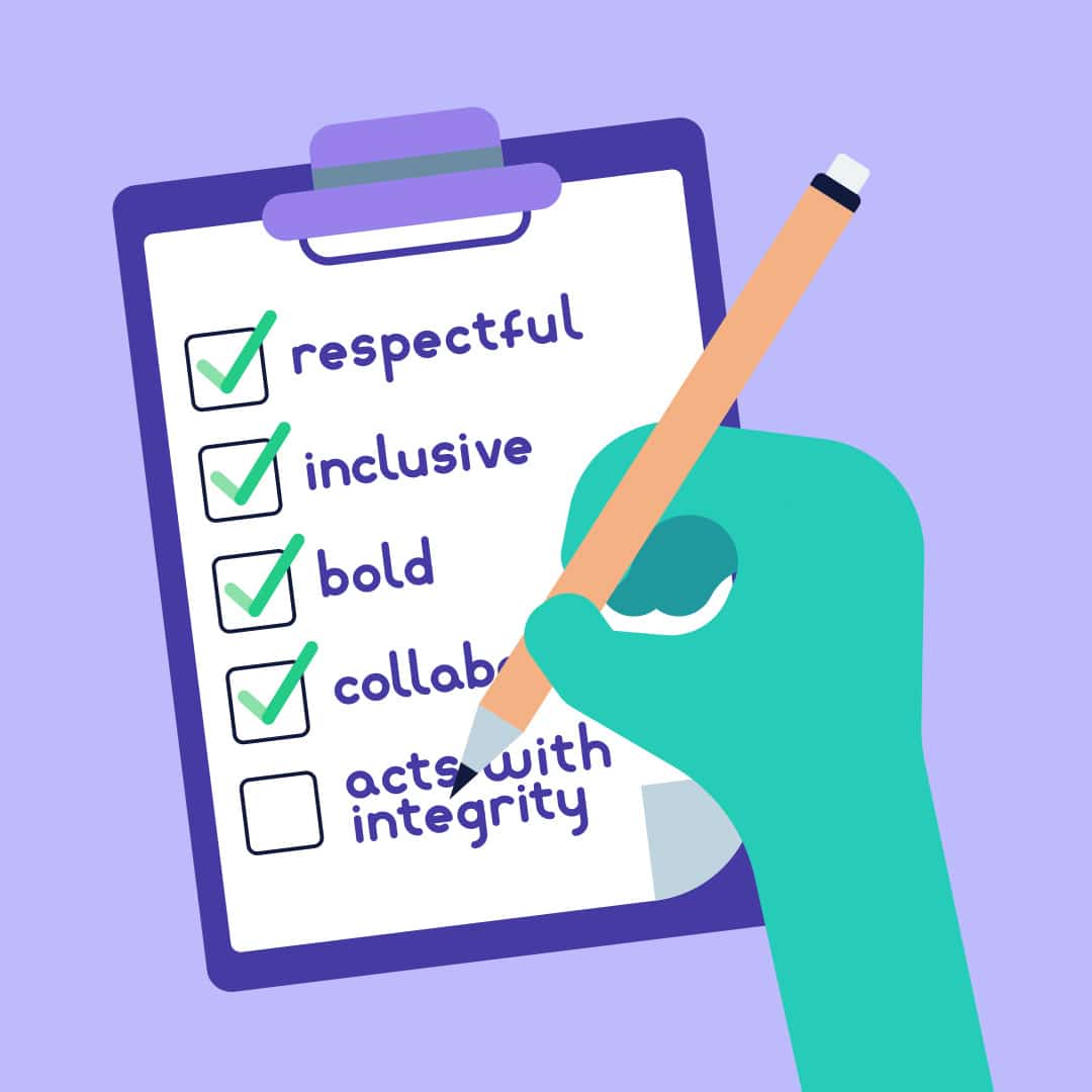Illustrated clipboard with a hand checking off values including respectful, inclusive, bold, collaborative, and acts with integrity.