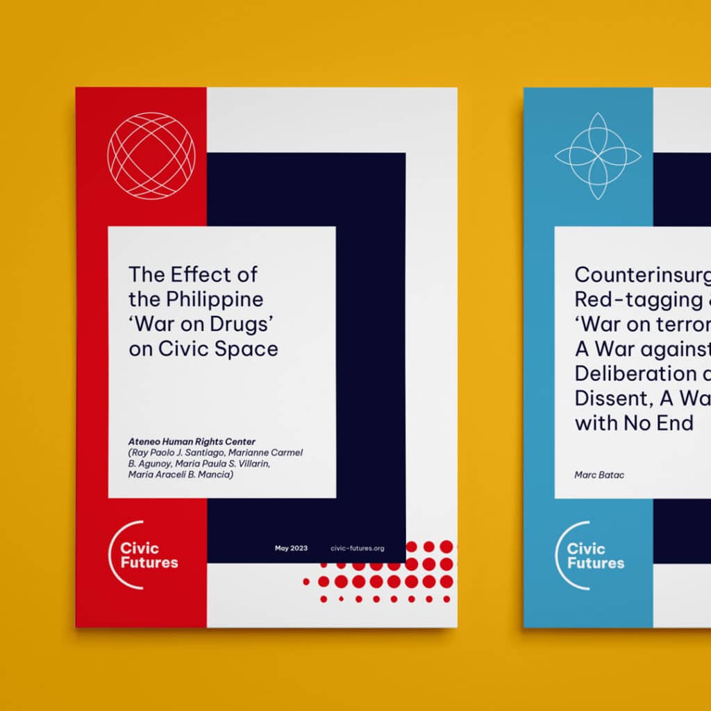 Two Civic Futures report covers displayed on a yellow background. The left report, in red, white, and navy, is titled “The Effect of the Philippine ‘War on Drugs’ on Civic Space.” The right report, in teal and navy, is titled “Counterinsurgency, Red-tagging & the ‘War on terror’: A War against Deliberation and Dissent, A War with No End.”