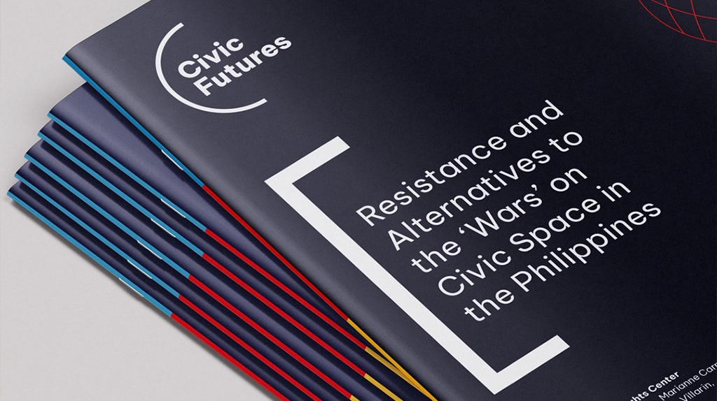 A stack of professionally designed reports with dark navy covers featuring the Civic Futures logo and bold white title text reading “Resistance and Alternatives to the ‘Wars’ on Civic Space in the Philippines,” accented with coloured page edges and modern graphic elements.
