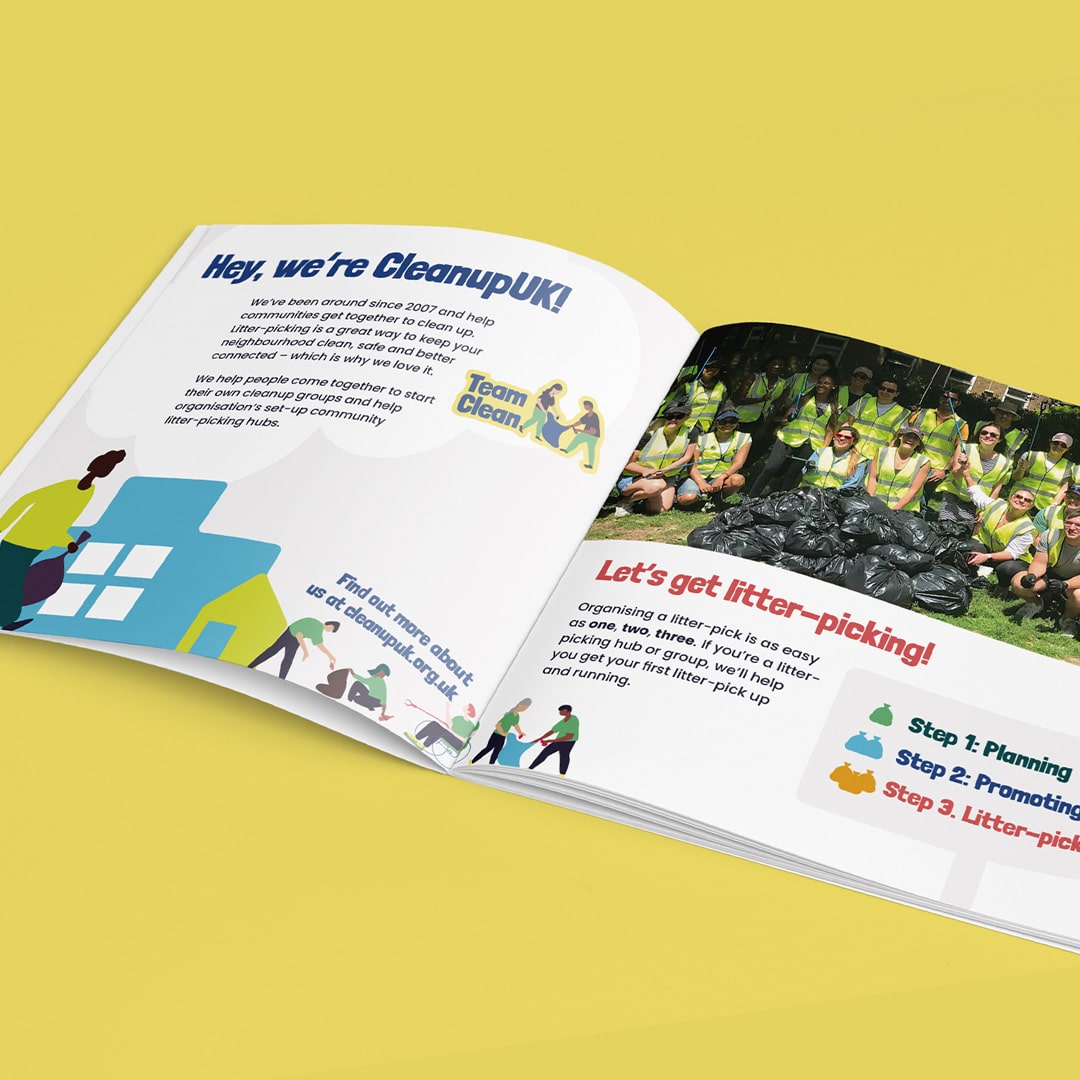Open spread from a CleanupUK booklet on a yellow background. The left page introduces the charity with illustrated figures and text about its mission. The right page features a photo of a volunteer group in high-vis vests behind a large pile of bin bags, with steps for organising a litter-pick shown below.