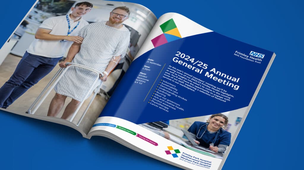 Open magazine spread showcasing a Frimley Health NHS Foundation Trust Annual General Meeting invitation. On the left, a patient supported by a physiotherapist. On the right, event information sits within the new brand layout, using the signature diamonds and colour-coded values.