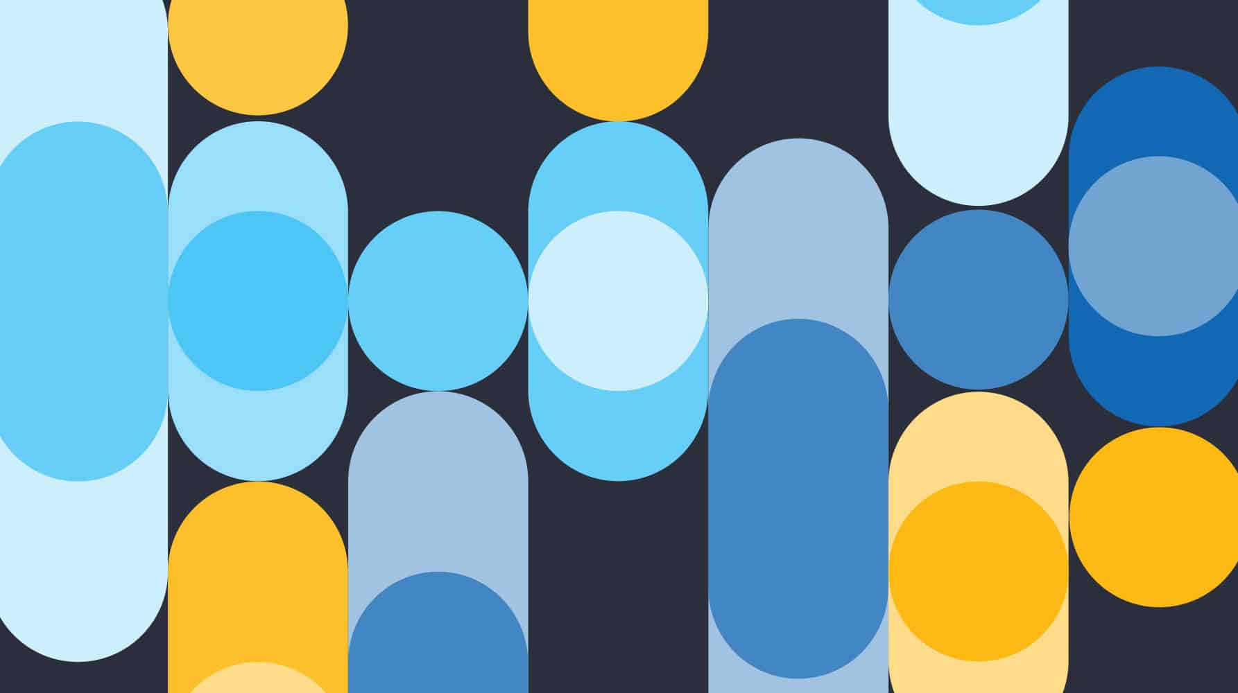 Graphic pattern for Genomics England’s ‘Behind the Genes’ podcast branding. Features a bold, abstract design using rounded geometric shapes in shades of blue and yellow on a dark background. The design echoes soundwave and genome sequencing visuals, reinforcing the podcast’s identity and scientific theme.