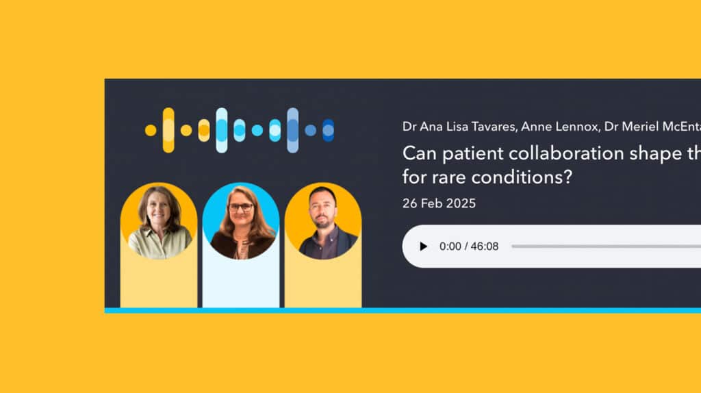 Podcast episode visual for Genomics England featuring guest speakers Dr Ana Lisa Tavares, Anne Lennox, and Dr Meriel McEntagart. The title reads 'Can patient collaboration shape the future for rare conditions?' with circular speaker portraits, colourful waveform branding, and a 46-minute audio player interface on a dark background.