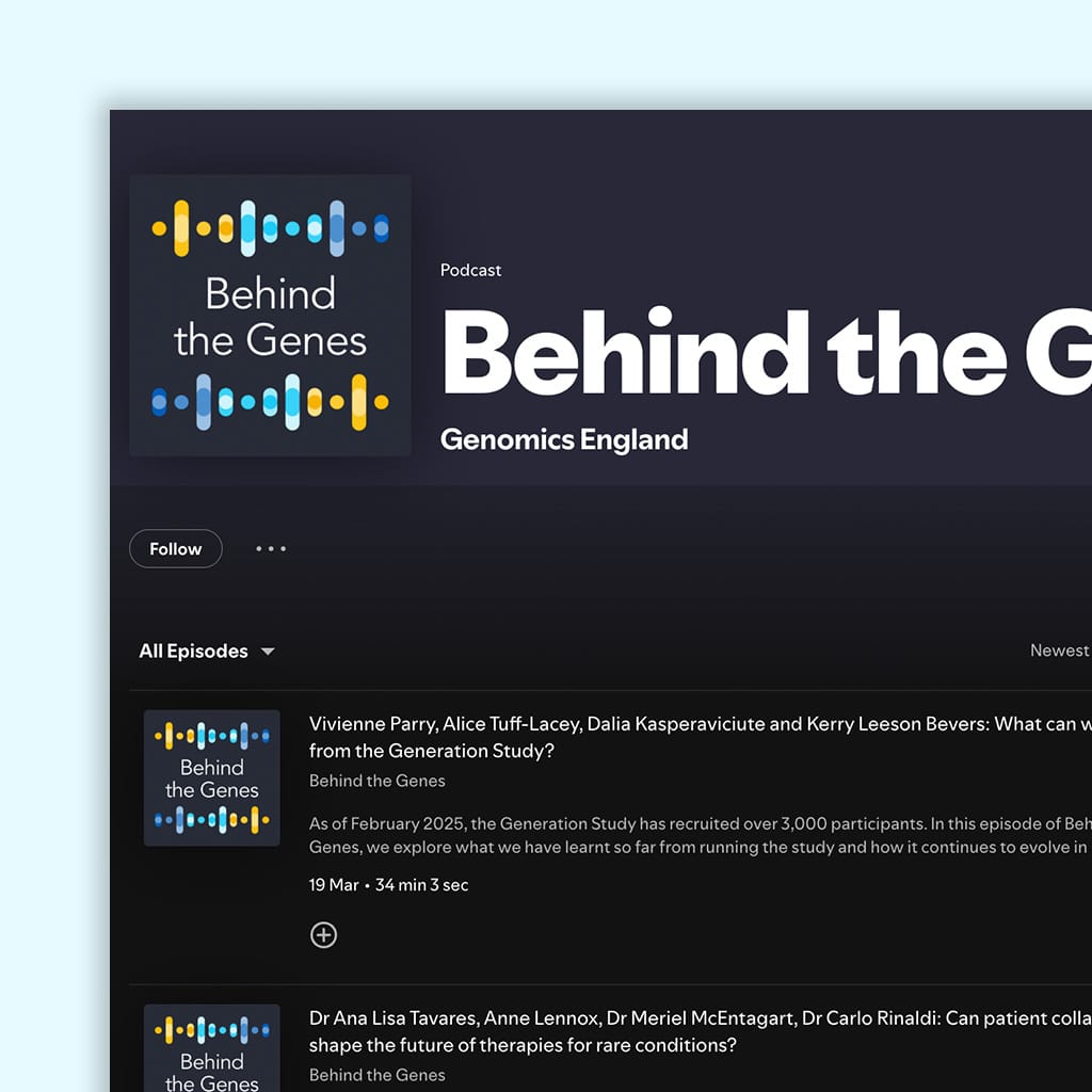 Podcast page for Behind the Genes by Genomics England, showing the colourful audio-wave logo and a list of recent episodes exploring developments in genetic research and rare disease treatment.