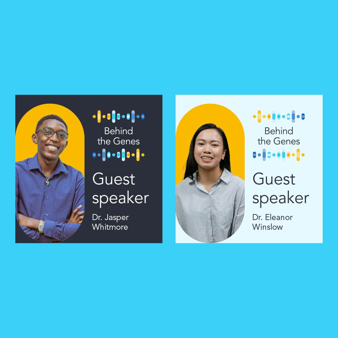 Genomics England ‘Behind the Genes’ podcast promotional tiles featuring guest speakers Dr. Jasper Whitmore and Dr. Eleanor Winslow. The graphic uses a bold, modern design with waveform visuals, contrasting background colours, and rounded yellow highlights to visually emphasise speaker portraits and reinforce the podcast's scientific identity.