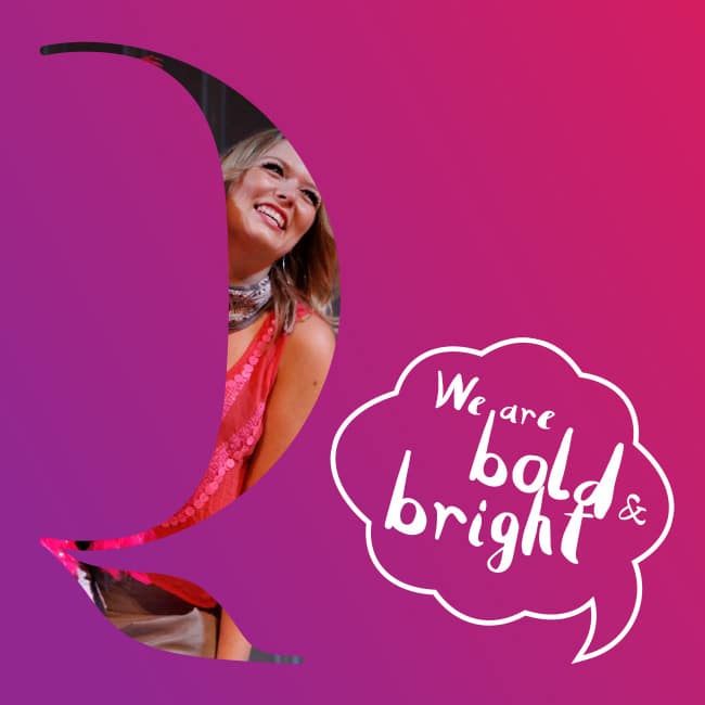 Queen’s Theatre Hornchurch brand graphic featuring a smiling performer within a large Q-shaped cutout, set against a pink-to-purple gradient background, with playful hand-drawn text reading “We are bold & bright” inside a speech bubble.