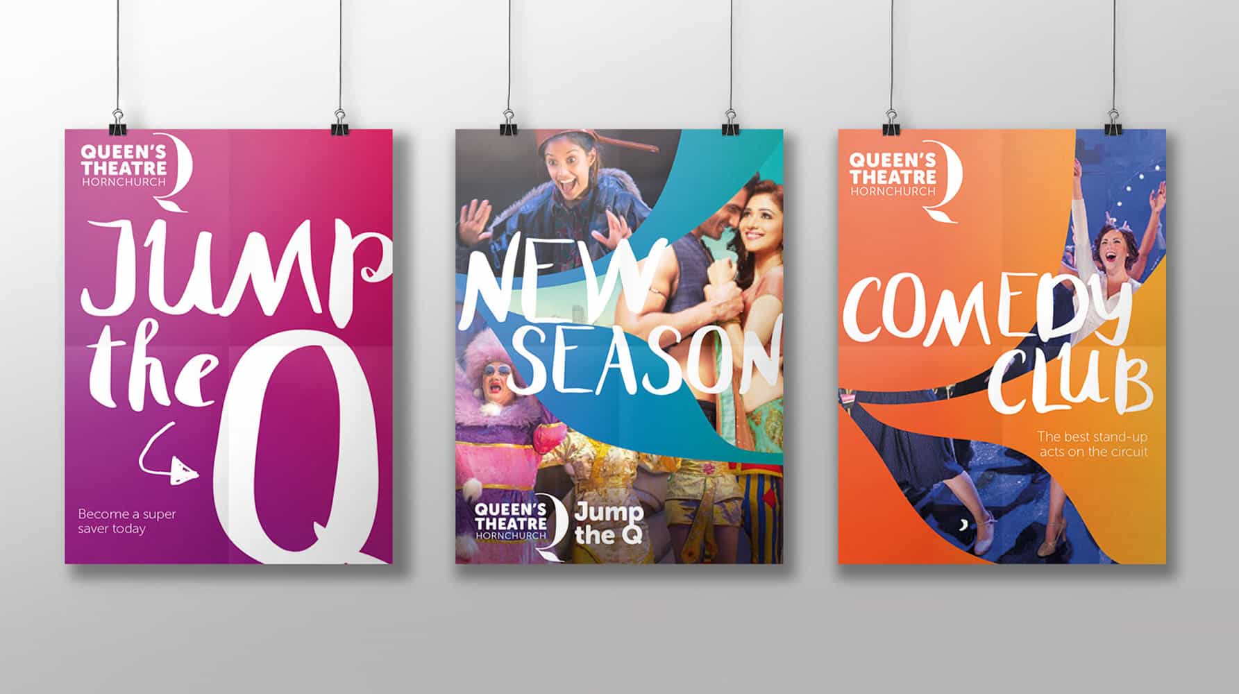 Three theatre posters side by side: ‘Jump the Q’, ‘New Season’, and ‘Comedy Club’, featuring expressive typography, bold brand colours and energetic cast photography.