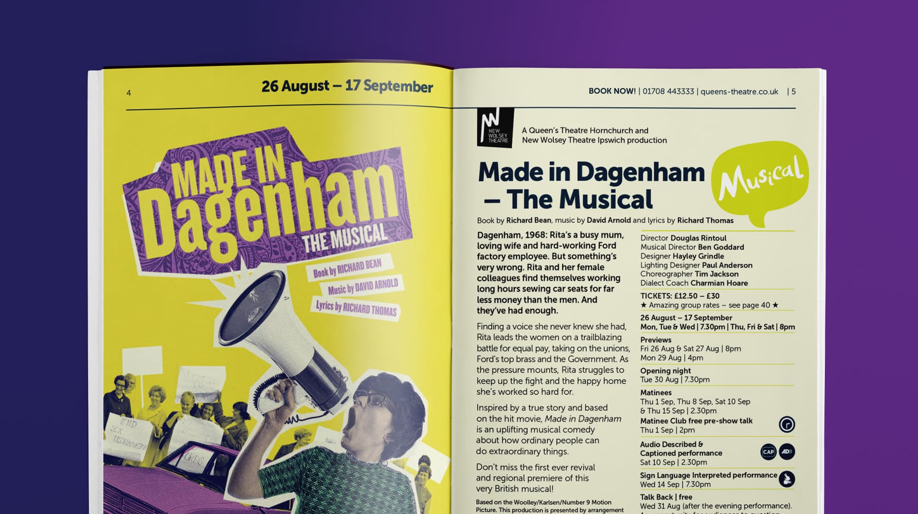 Double-page programme spread for "Made in Dagenham – The Musical", with bold yellow and purple collage artwork and right-hand page detailing cast, synopsis and performance dates.
