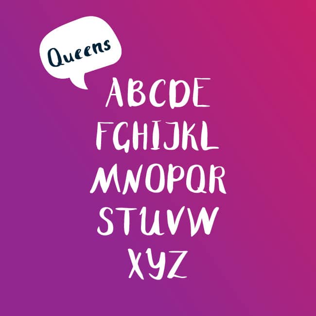 Custom hand-drawn display alphabet titled "Queens" in uppercase, set on a pink to purple gradient background with a speech bubble-style label.
