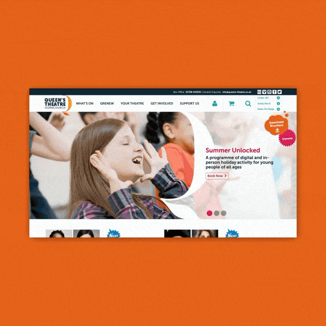 Animated preview of Queen’s Theatre Hornchurch website homepage showing a young girl singing, navigation menu and promotional banner on a bright orange background.