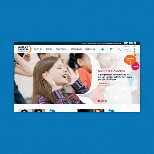 Animated website homepage of Queen’s Theatre Hornchurch, showcasing the digital interface with booking options and imagery of children participating in theatre activities, on a blue background.