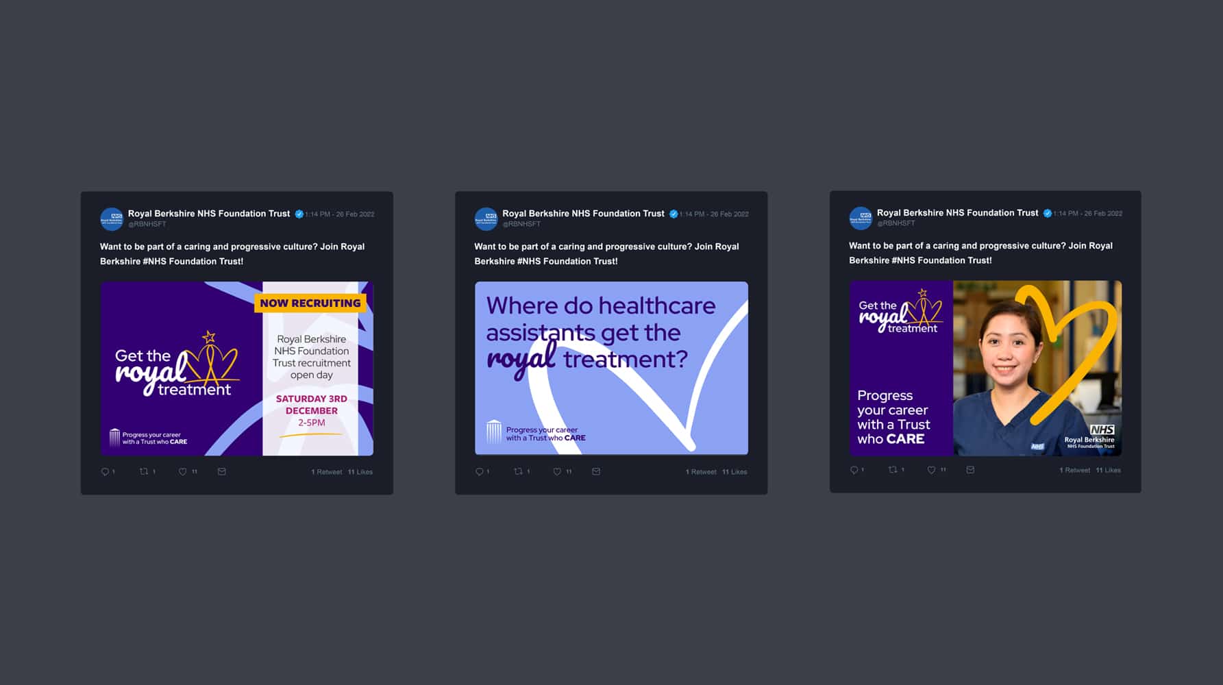 Social media graphics promoting Royal Berkshire NHS Foundation Trust recruitment with bold typography, vibrant colours, and the tagline “Get the royal treatment.”