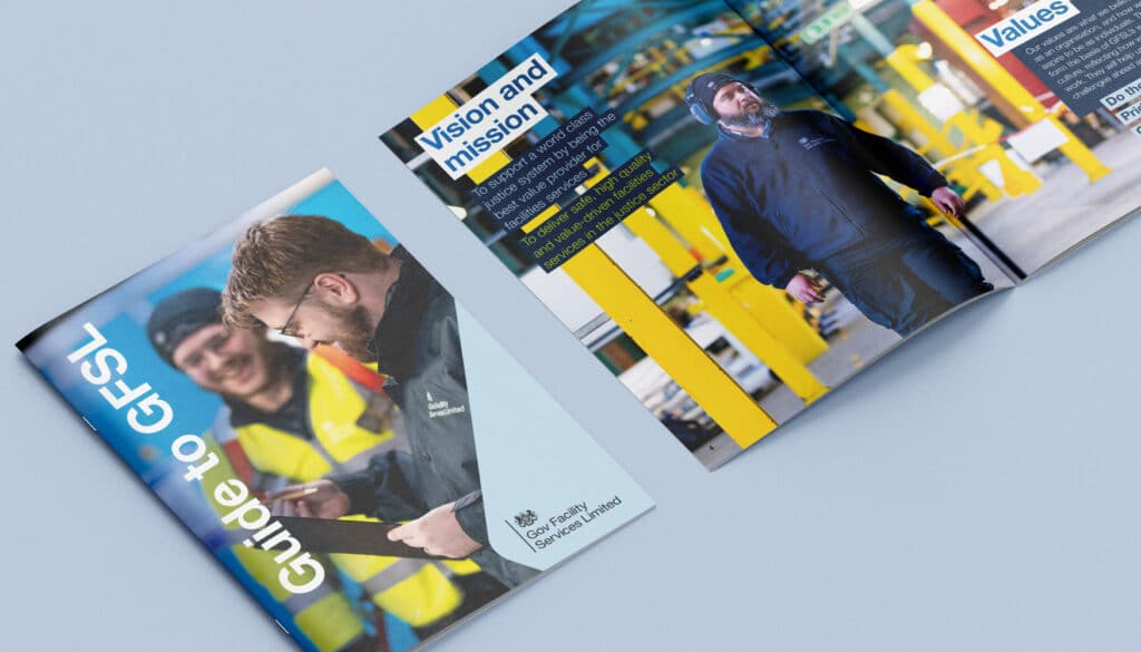 Internal comms booklet for Gov Facility Services Limited, shown open and closed on a pale blue background. The booklet includes the organisation’s vision and mission, paired with photography of staff in uniform at work, supporting a strong and consistent employee brand.