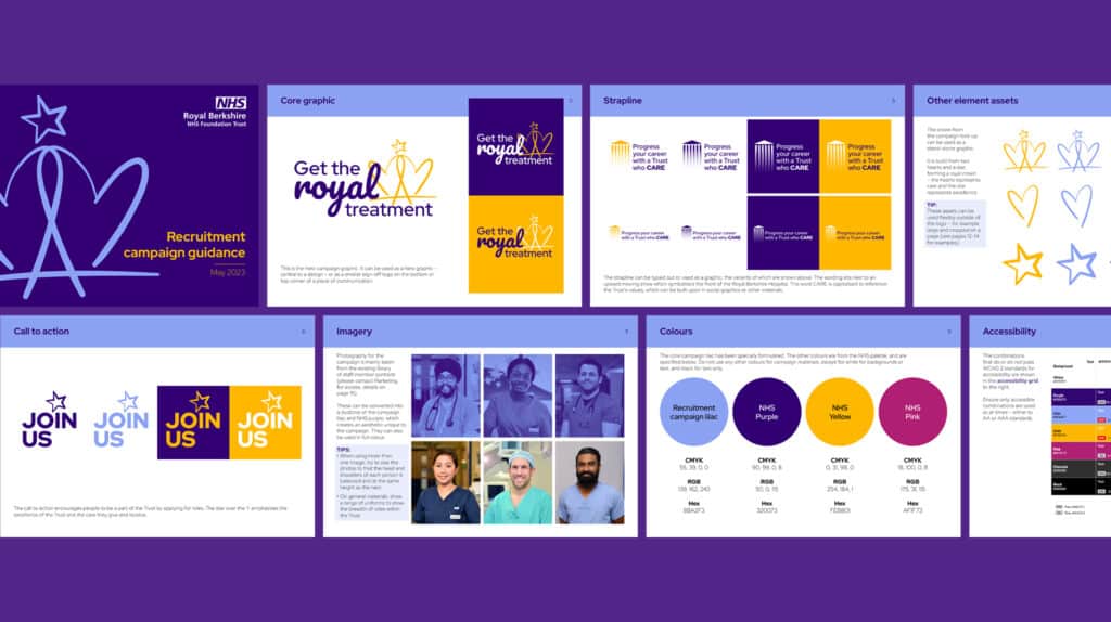 A campaign toolkit for Royal Berkshire NHS Foundation Trust’s recruitment drive, featuring logo lockups, photography guidelines and colour palettes to bring internal communications and employer branding to life.