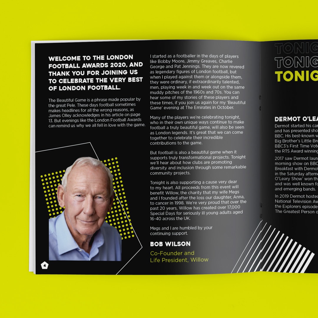 Spread from the London Football Awards 2020 programme featuring a welcome message from Bob Wilson, with a portrait photo and geometric graphic elements on a bold black and yellow background.