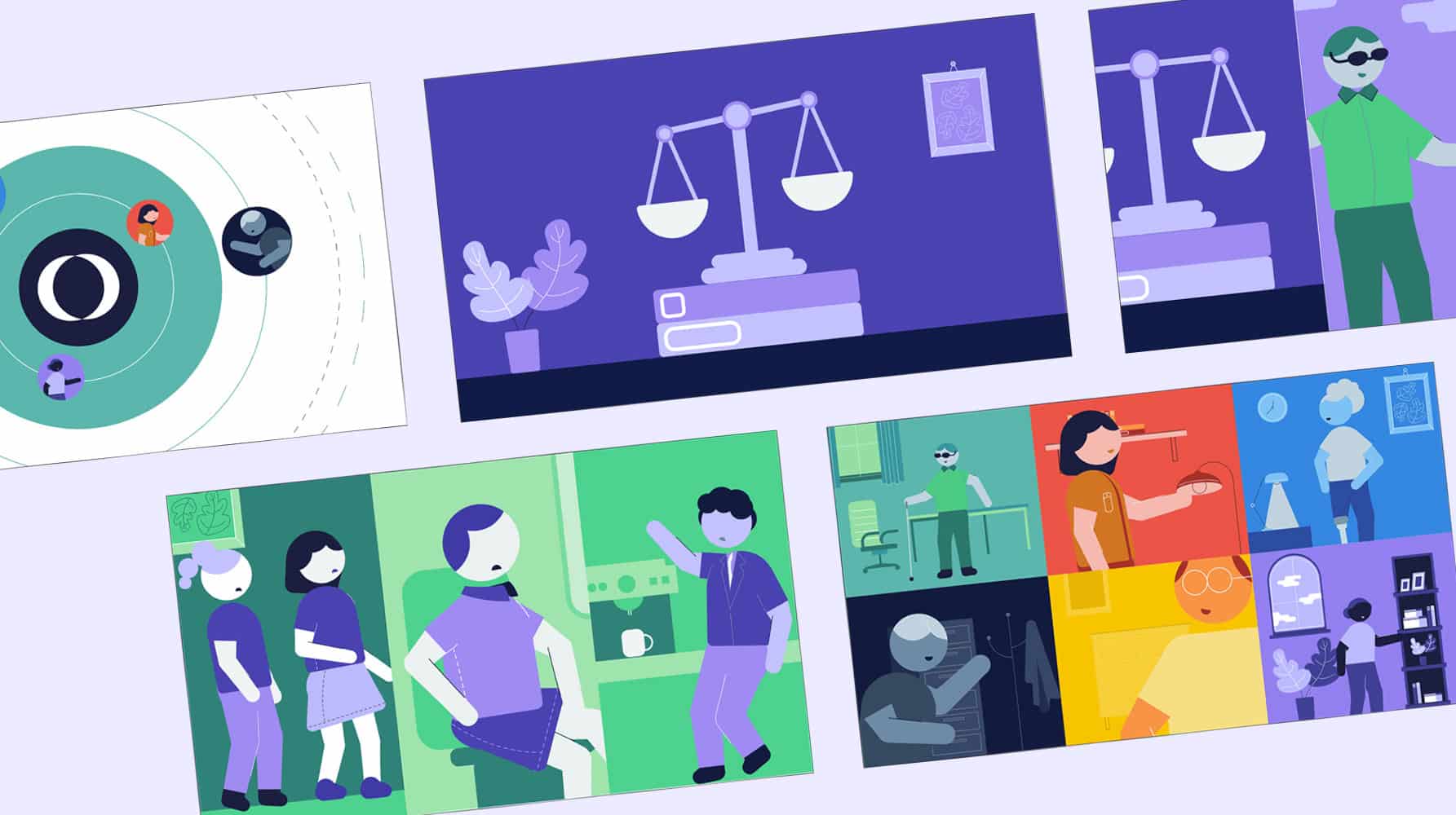 Storyboard of illustrated scenes showing diverse characters in healthcare and work settings.