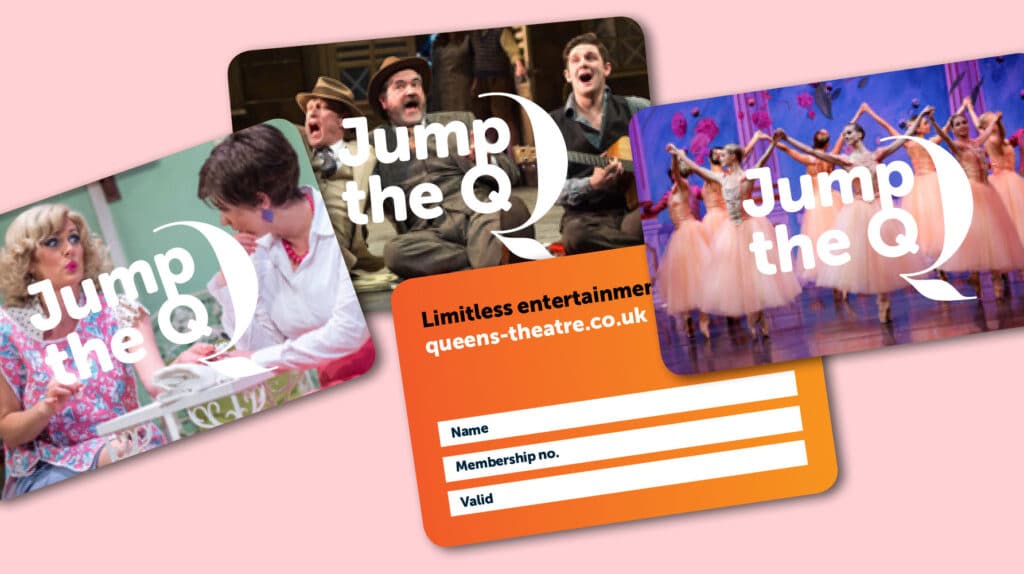 Set of colourful membership cards for Queens Theatre’s “Jump the Q” scheme, featuring scenes from plays, musicals, and ballet performances. The cards include space for member details and promote limitless entertainment at queens-theatre.co.uk.
