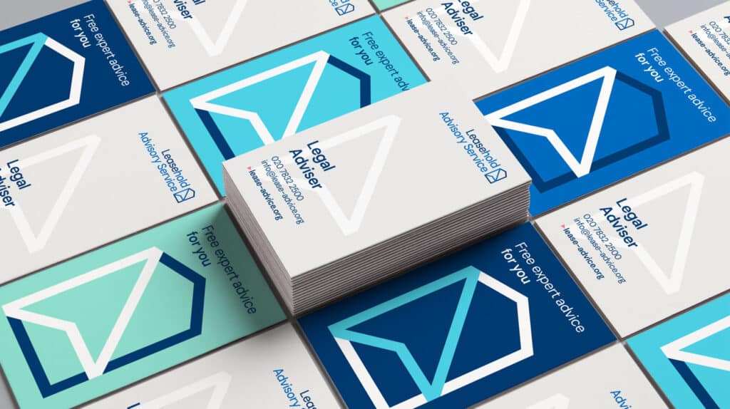 Stacked and scattered business cards for the Leasehold Advisory Service, featuring a minimalist house-shaped logo and the text “Legal Adviser” and “Free expert advice for you.” The cards use a modern design in shades of blue, turquoise, and white.