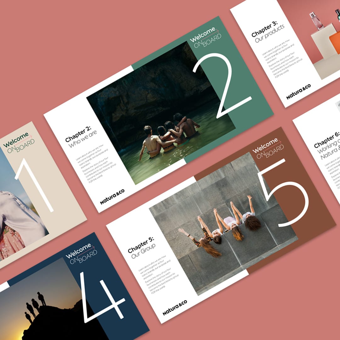 A suite of Natura &Co onboarding slides, combining editorial-style photography with large typography and clean layouts to welcome new employees and introduce the organisation’s values and culture