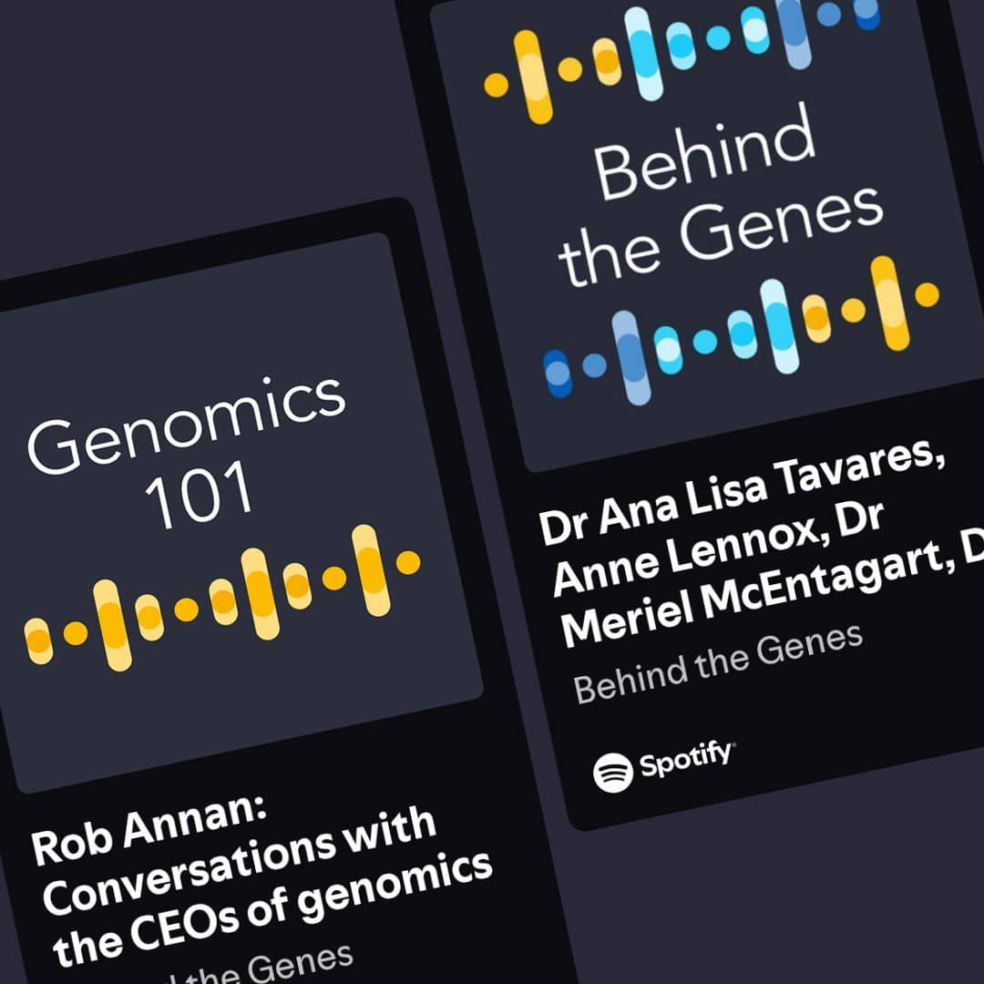 Digital podcast artwork for Genomics England, with episode titles ‘Genomics 101’ and ‘Behind the Genes’. Uses soundwave-inspired graphics in yellow and blue on dark backgrounds.