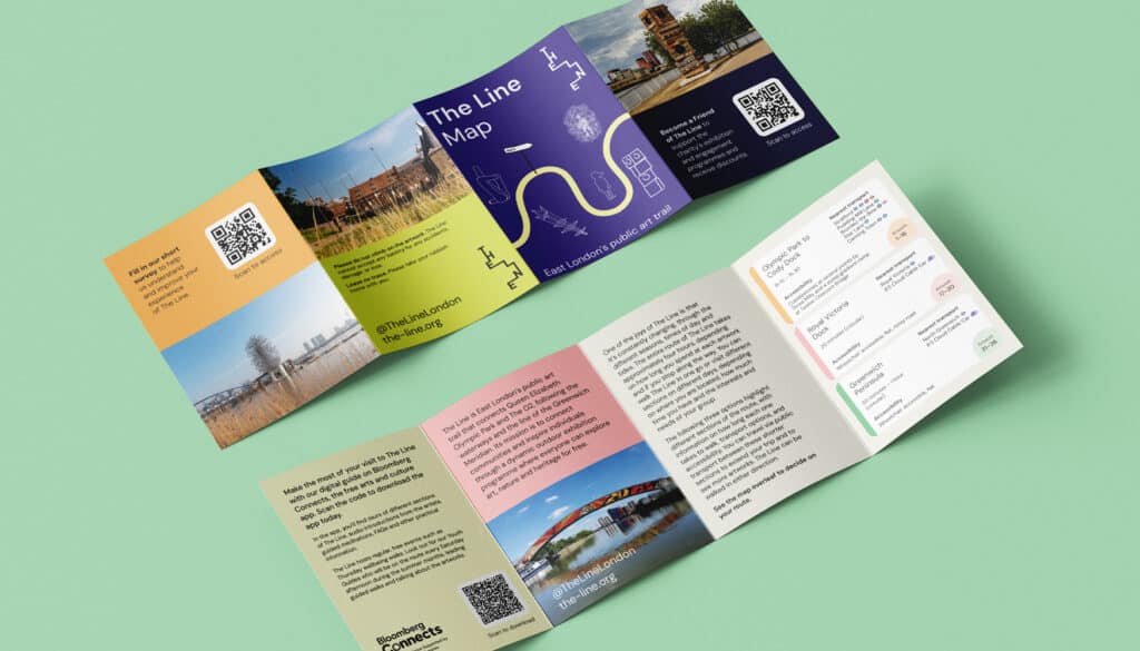 Fold-out printed guide for The Line – East London’s public art trail – featuring colourful panels with images, a route map, and accessibility information. Designed to be engaging and informative, helping visitors navigate the trail and learn more about the featured artworks.