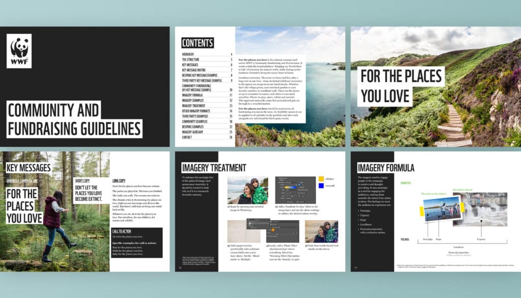 Page layouts from WWF’s Community and Fundraising Guidelines, showing key campaign messaging, imagery guidance and brand treatment examples for the ‘For the Places You Love’ campaign. Bold black-and-white design overlays emotive photography of forests and coastlines, with clear instructions on tone and visual style