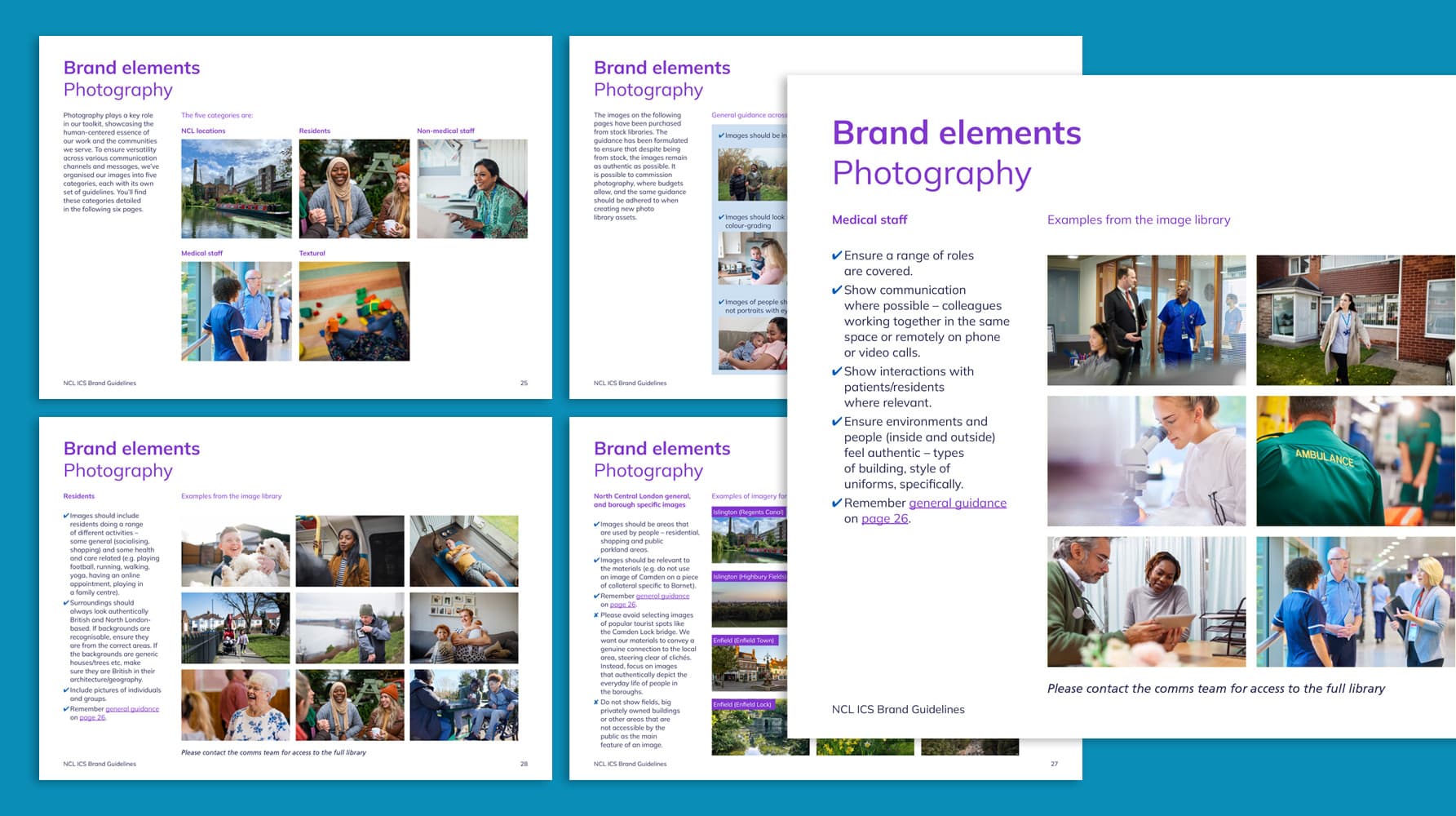 Four-page spread from the North Central London ICS brand guidelines showing photographic direction, with examples of staff, residents, and healthcare settings, alongside guidance on tone, context, and authenticity.