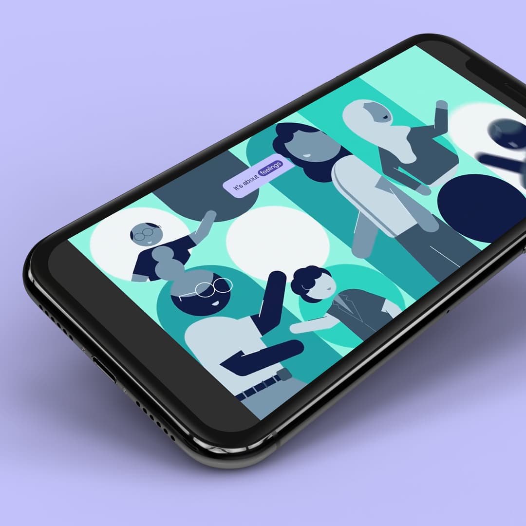 Mobile phone screen showing a still from a character-led animation, using teal and navy tones to represent diverse healthcare staff and patients. Speech bubble reads ‘It’s about fairness.’