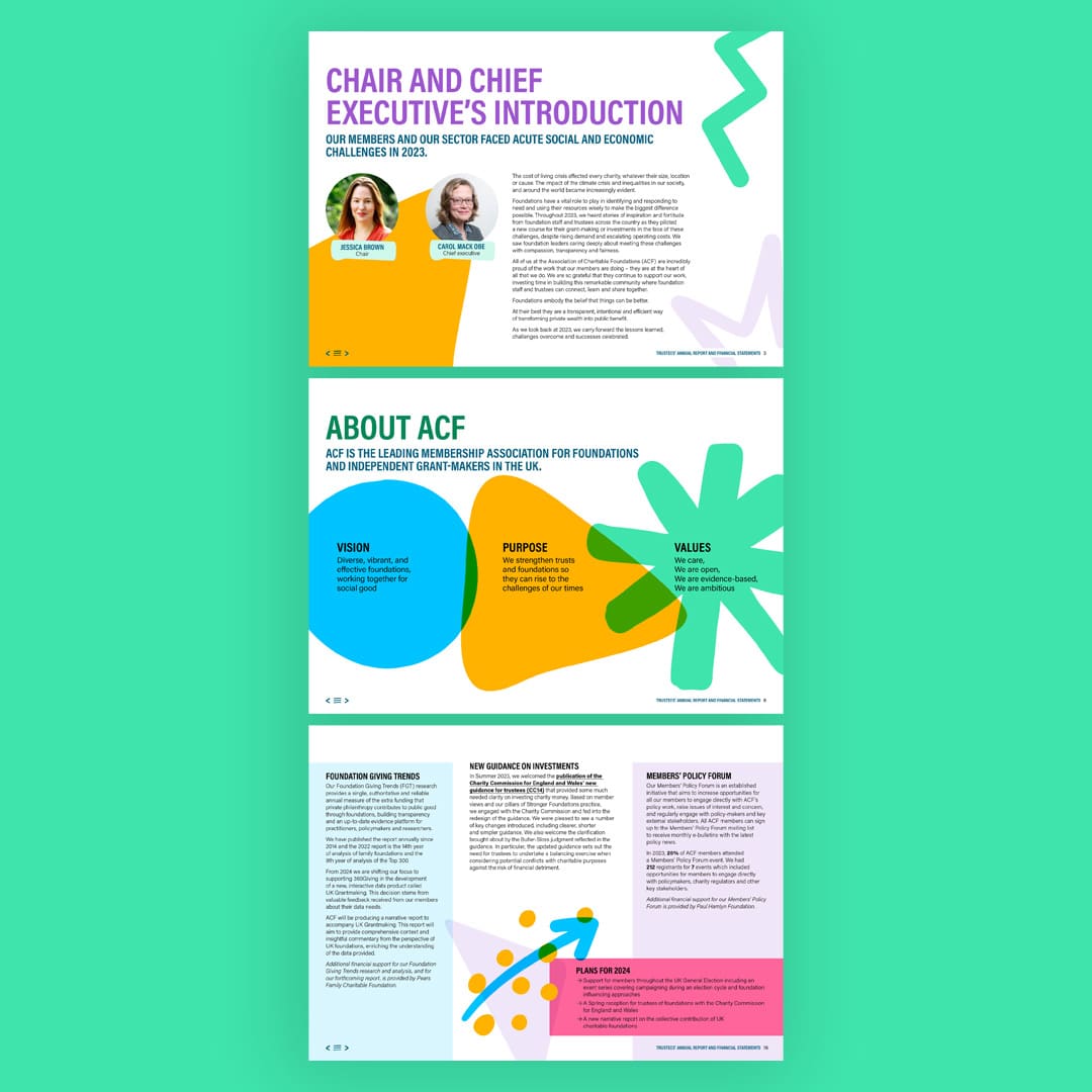 Bright, engaging spreads from the Association of Charitable Foundations’ annual report. The layouts feature bold typography, colourful shapes, and accessible infographics highlighting the organisation’s vision, purpose and values, alongside key sector insights and leadership introductions
