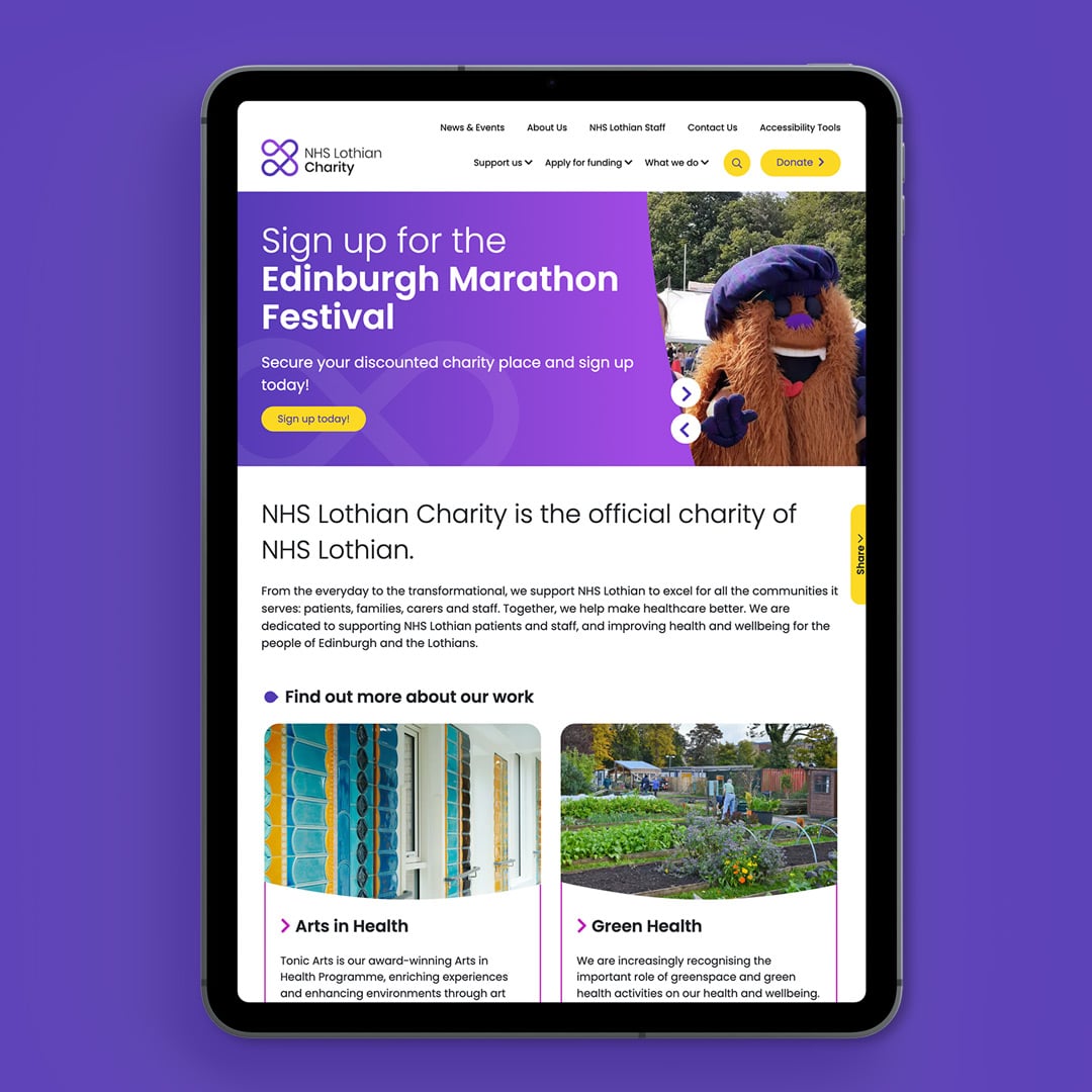 Tablet displaying NHS Lothian Charity’s website homepage, featuring vibrant purple branding, a charity marathon callout, and sections on ‘Arts in Health’ and ‘Green Health’ projects.