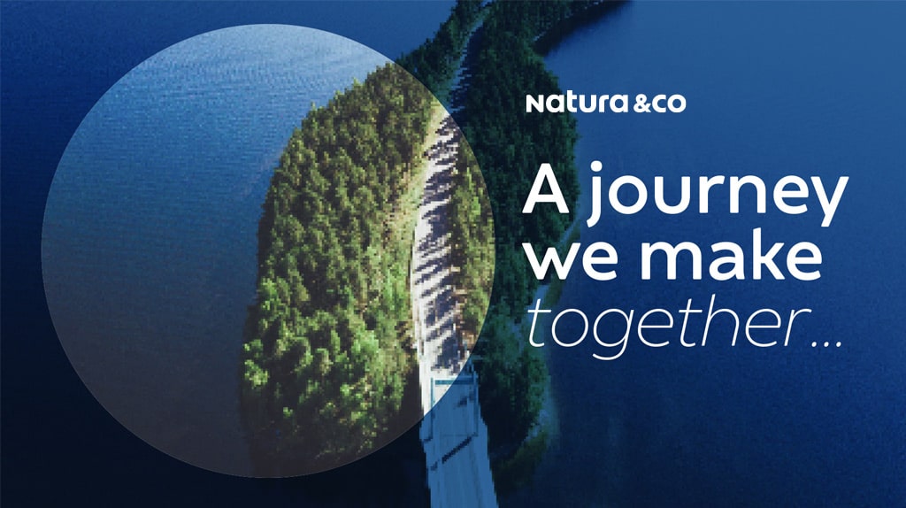 Cover design for Natura &Co’s corporate responsibility report, featuring the message “A journey we make together” over a striking aerial image of a road dividing land and water