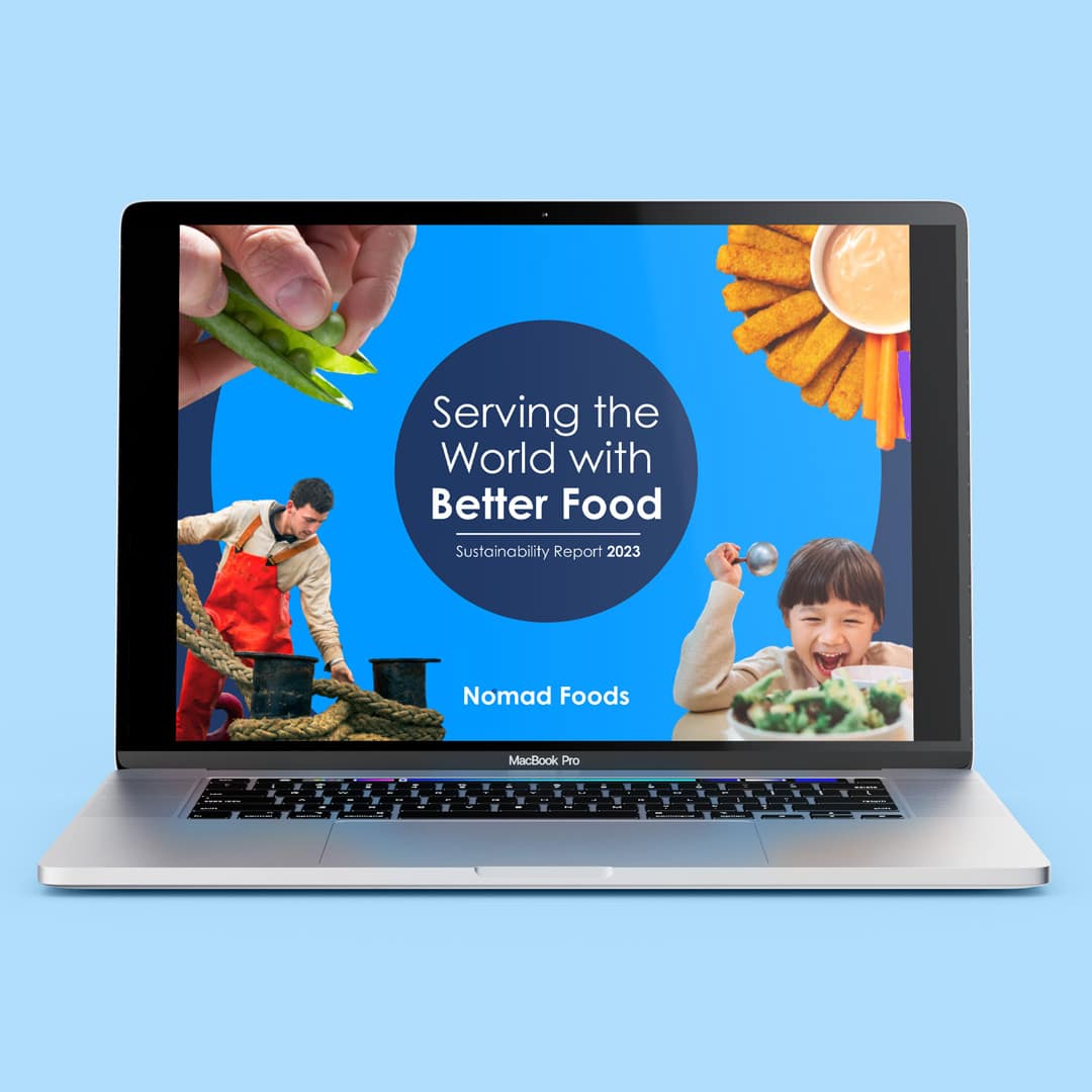Homepage of Nomad Foods’ 2023 Sustainability Report titled “Serving the World with Better Food,” combining food imagery with photographs of producers and consumers