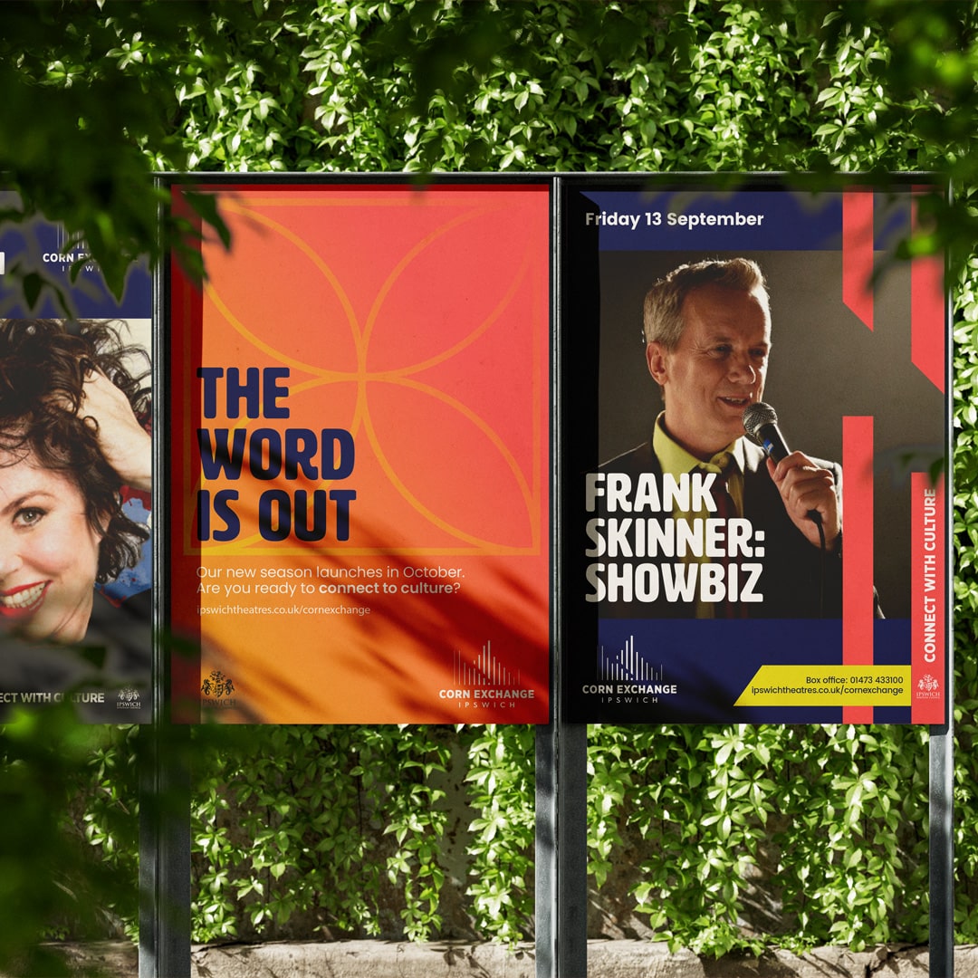 Series of high-impact outdoor posters featuring bold graphic patterns, photography and expressive typography, created to promote Ipswich Theatres’ seasonal arts and culture programme.