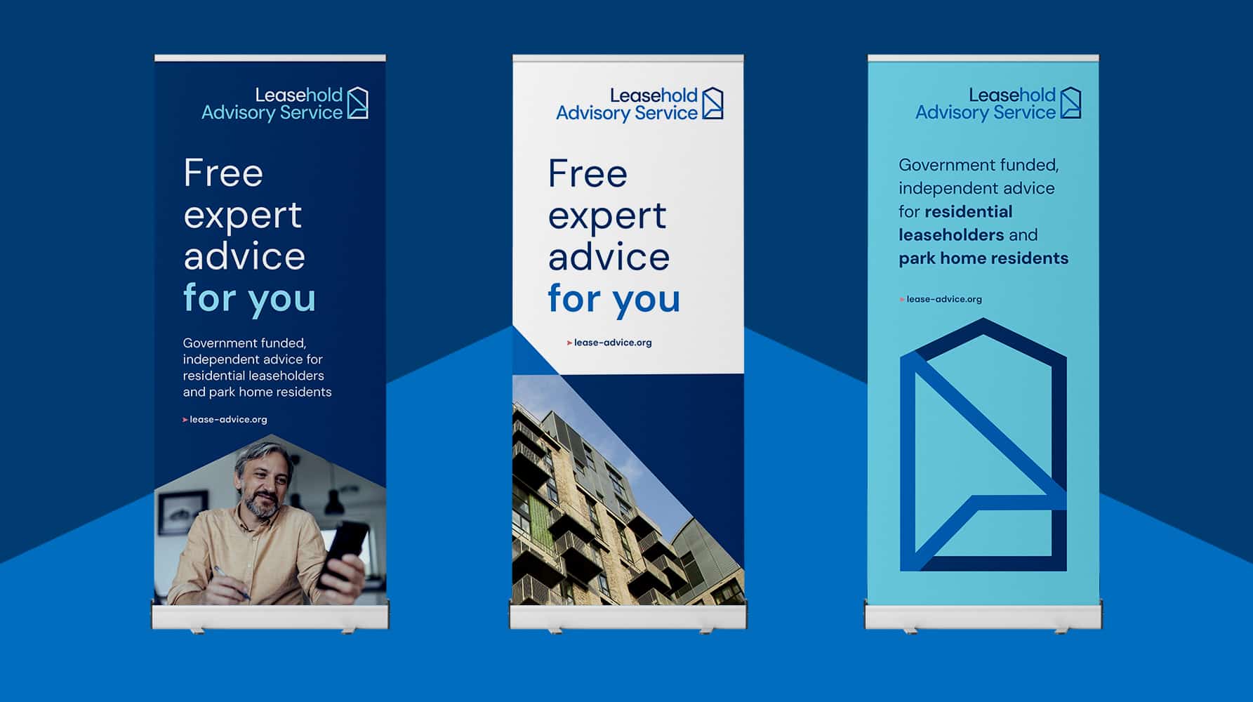 Roller banners for Leasehold Advisory Service, featuring the brand’s logo, photography, tagline “Free expert advice for you,” and a geometric house-shaped motif.
