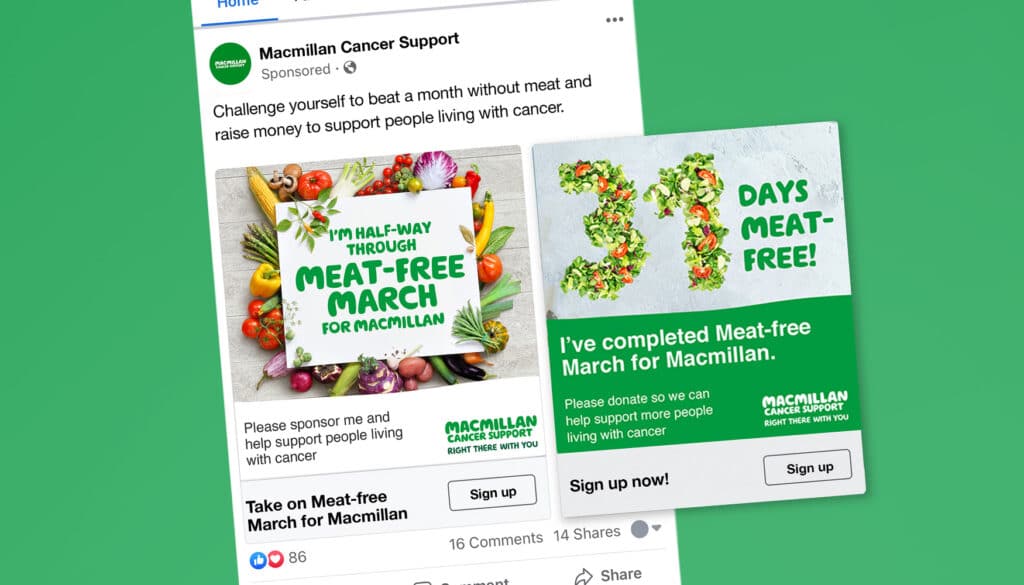 A Facebook post from Macmillan Cancer Support promotes “Meat-Free March,” encouraging people to go a month without meat to raise funds. The first graphic features a sign reading “I’m half-way through Meat-Free March for Macmillan” surrounded by fresh vegetables. The second graphic celebrates “31 Days Meat-Free!” with leafy typography and a message encouraging donations.