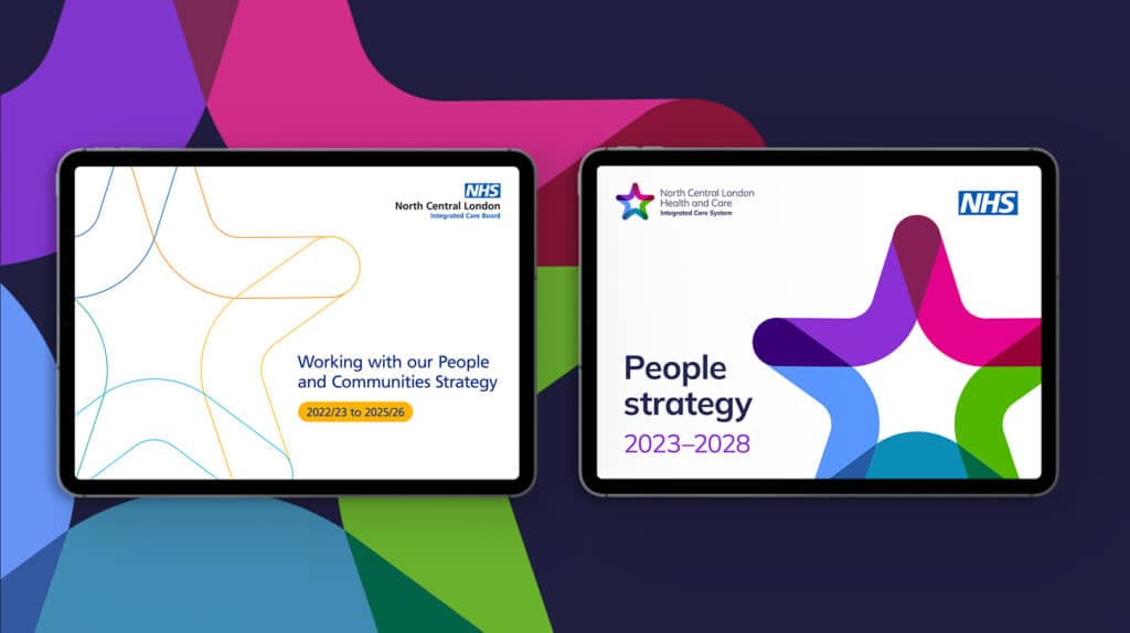 Two digital strategy documents for North Central London’s NHS Integrated Care Board and Integrated Care System, displayed on tablet screens. Each cover features bold star-shaped linework in the brand’s accessible colour palette, with titles for the People and Communities Strategy (2022/23 to 2025/26) and People Strategy (2023–2028) presented clearly for readability.