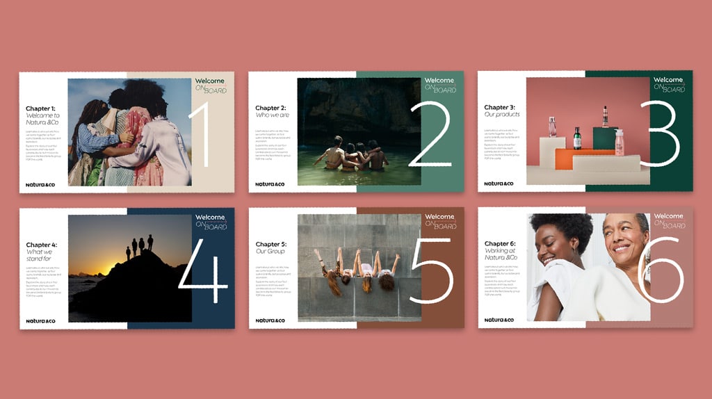 A suite of Natura &Co onboarding slides, combining editorial-style photography with large typography and clean layouts to welcome new employees and introduce the organisation’s values and culture.