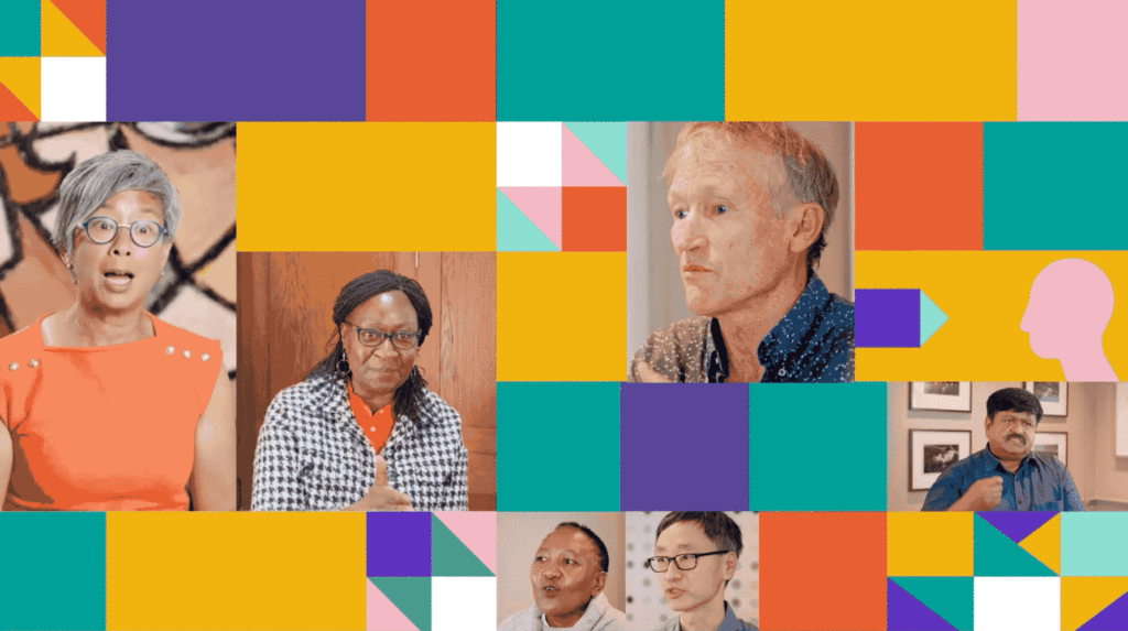 Animated GIF featuring a colourful patchwork of geometric shapes in bright pink, orange, teal, purple, and yellow, intercut with video stills of diverse speakers from around the world. The composition reflects global collaboration and vibrant storytelling, supporting Spring Impact’s mission-driven brand.