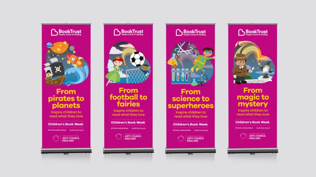 "BookTrust Children’s Book Week roller banners with colourful illustrations and themes including pirates, planets, football, fairies, science, superheroes, magic, and mystery, encouraging children to read what they love