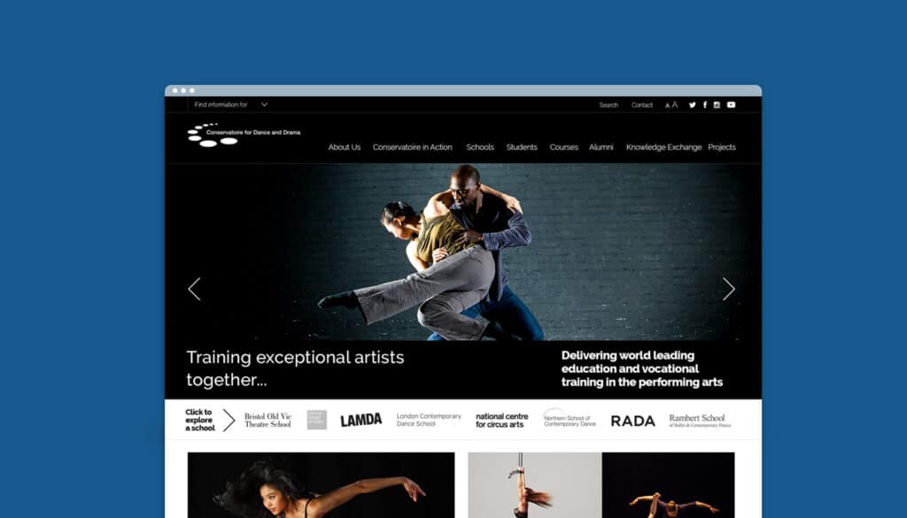Homepage of the Conservatoire for Dance and Drama website featuring a dramatic hero image of two dancers mid-performance, with bold white text promoting world-leading training in the performing arts and a navigation bar listing schools like LAMDA, RADA, and Bristol Old Vic Theatre School.