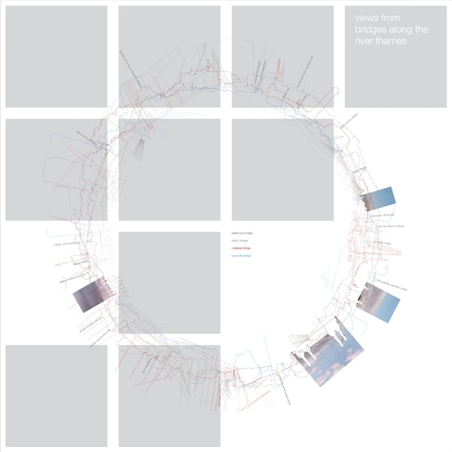 Circular map showing train routes and bridge views along the River Thames.