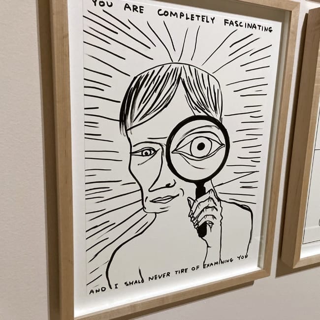 lack and white line drawing of a person holding a magnifying glass in front of one eye, with radiating lines and the caption 'You are completely fascinating and I shall never tire of examining you.'