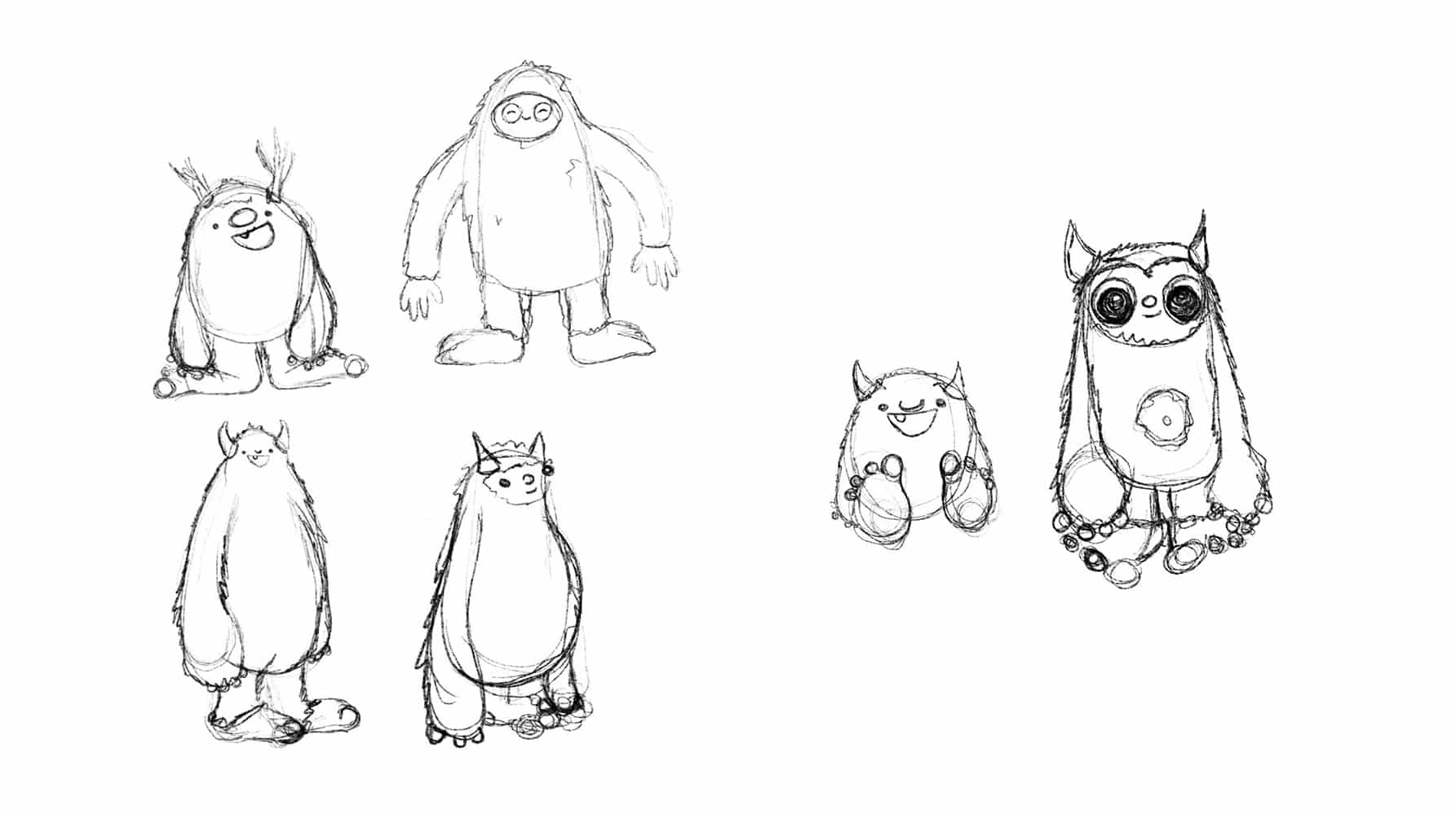 Pencil sketches showing early character design ideas for a friendly yeti, with various poses and expressions.