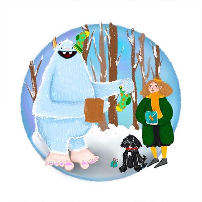Digital illustration of a smiling yeti offering presents to a girl and a dog, set against a winter woodland background.