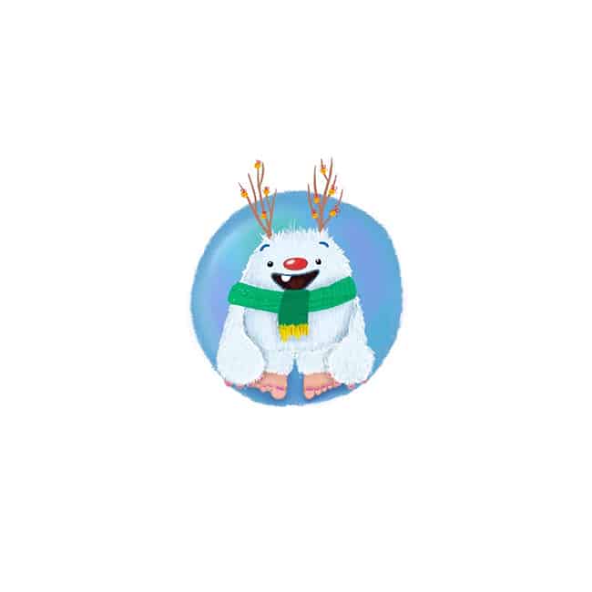Cute illustrated yeti with twig antlers and a green scarf, sitting cheerfully in front of a blue circular background.