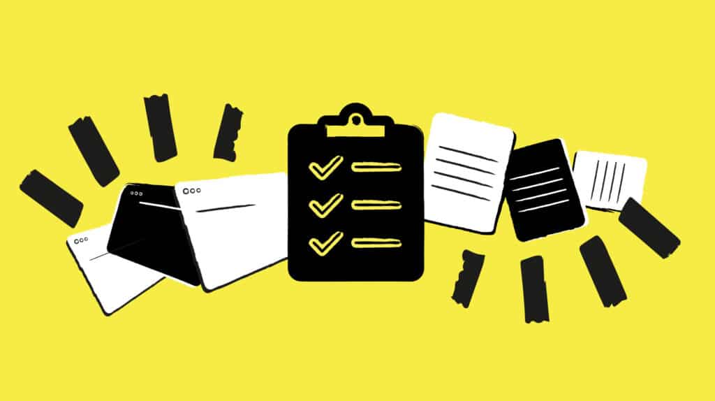 Illustration of a clipboard with ticked checkboxes in the centre, surrounded by web browser windows, documents and bold black shapes, set against a bright yellow background.