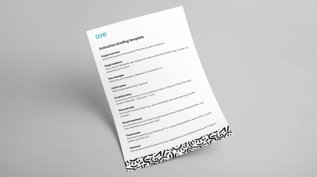 Animation briefing template by Ave Design, displayed on a white sheet with a black patterned footer, featuring sections on project overview, target audience, key messages, tone and style, and more.