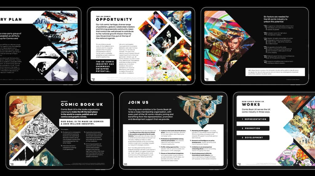 Digital slides outlining Comic Book UK’s mission and strategy, combining bold black layouts, vibrant comic artwork, and text on industry goals, policy needs, and representation.