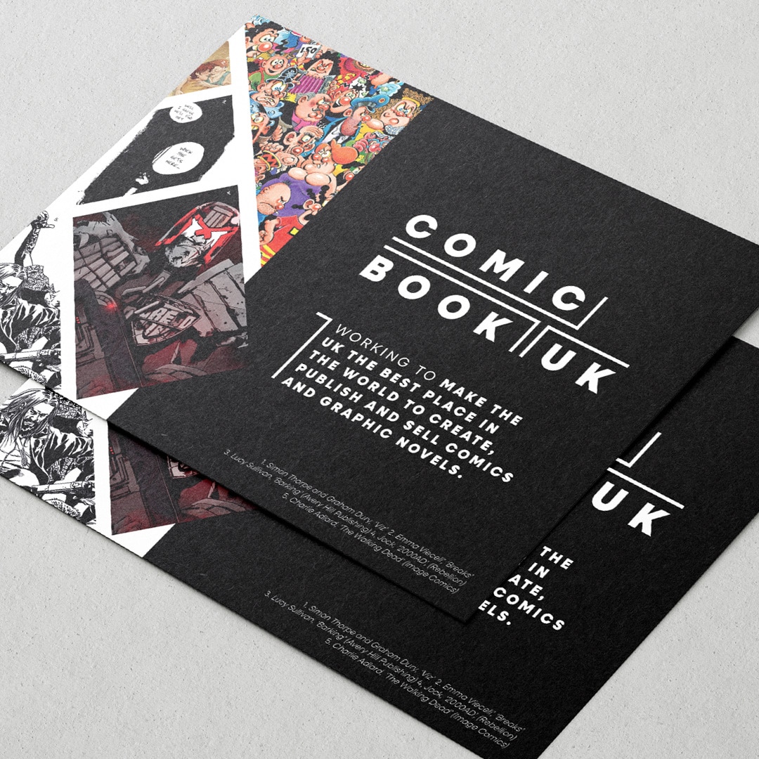 Comic Book UK printed postcard featuring the brand’s mission statement and bold visual identity, with comic artwork arranged in diamond-shaped panels.