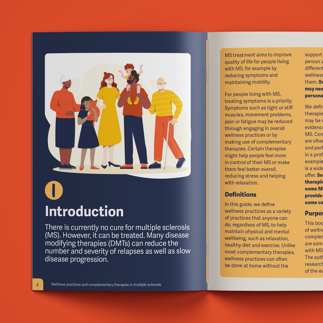 Illustrated booklet spread introducing multiple sclerosis wellness guidance, featuring a diverse family group and text explaining treatments, wellness practices, and symptom relief.